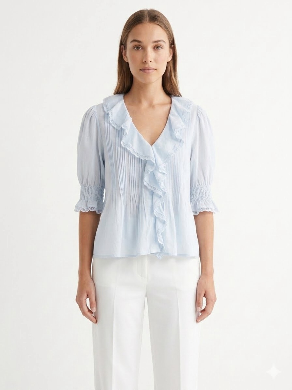 Muse Light Blue Ruffle V-Neck Blouse